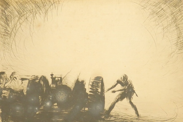 James McBey (Scottish, 1883-1959), etching, 'A 65 pounder opening fire’, signed in ink and dated 1918 in the plate, 22 x 31cm. Condition - fair